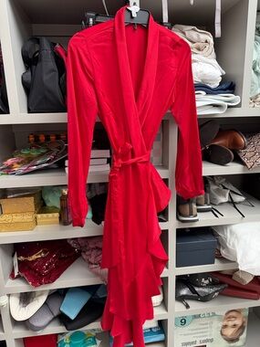 Lucy Paris Red Long-Sleeve Wrap Ruffle Dress